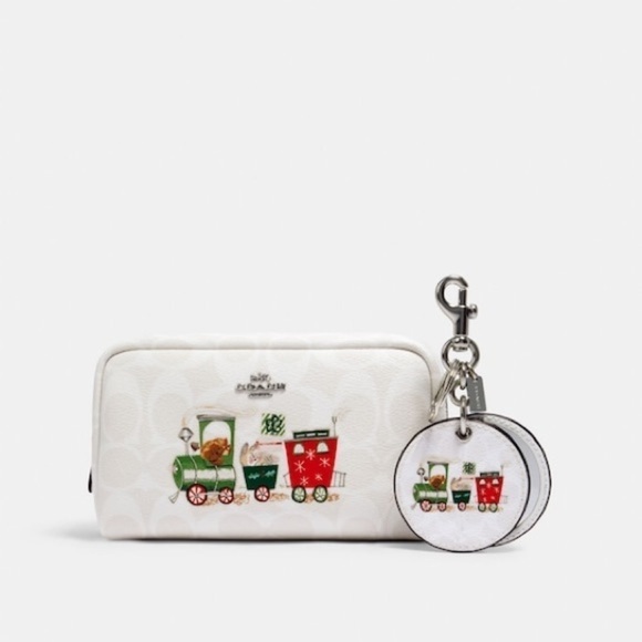 Small Boxy Cosmetic Case And Mirror Bag Charm In Signature Canvas With Train - Picture 2 of 5